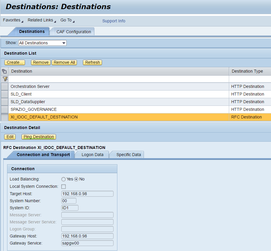Netweaver Administration: Destination definition