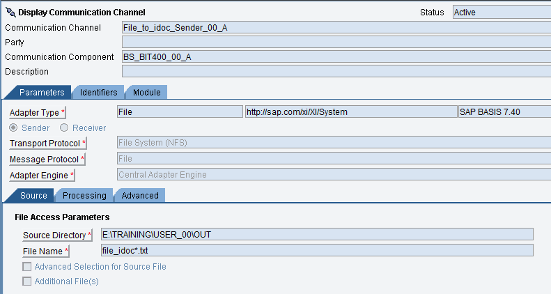 File sender communication channel: Source tab