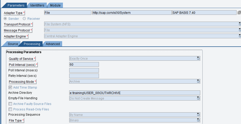 File sender communication channel: Processing tab