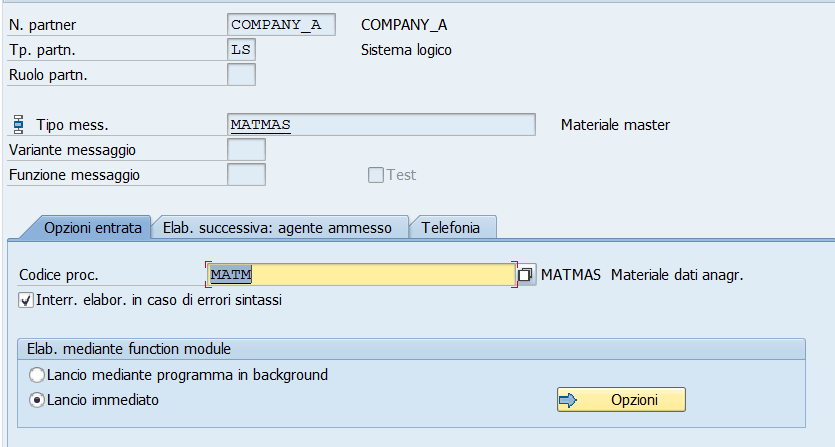 Detail for partner profile for COMPANY_A and MATMAS IDoc in inbound